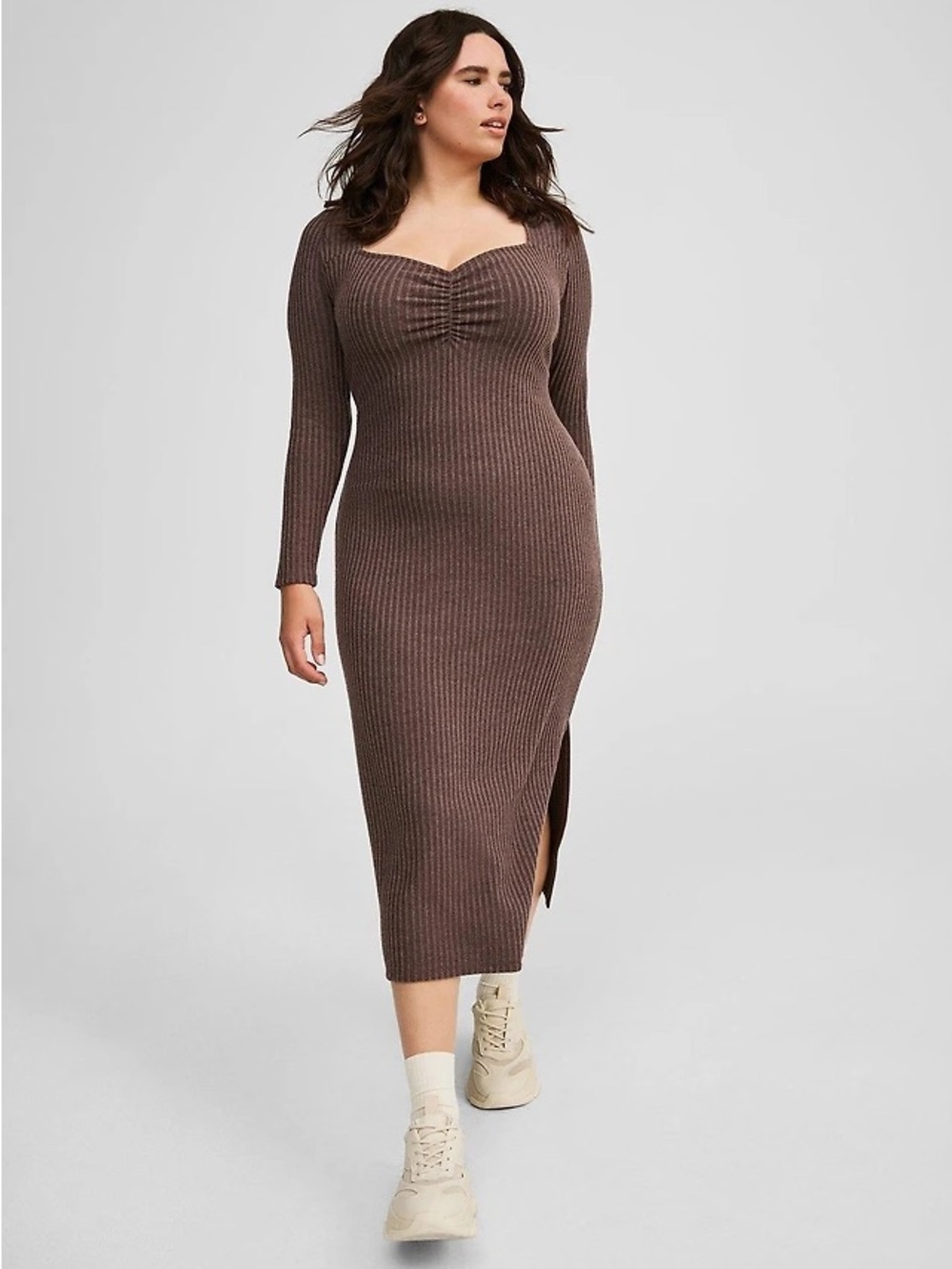 Torrid Chic Column Tea Length Dress Ribbed Midi Dress Taupe Plus Size 1X NWT - Picture 1 of 11